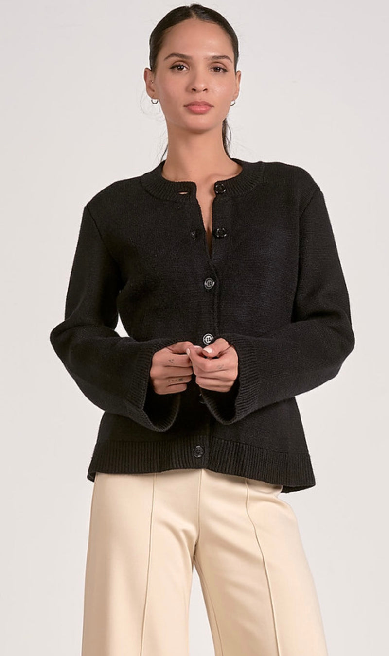 Elan Black Bell Sleeve Button Up Cardigan Sweater