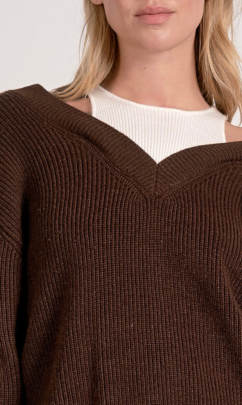 Elan Brown White VNeck Under Tank Long Sleeve Sweater