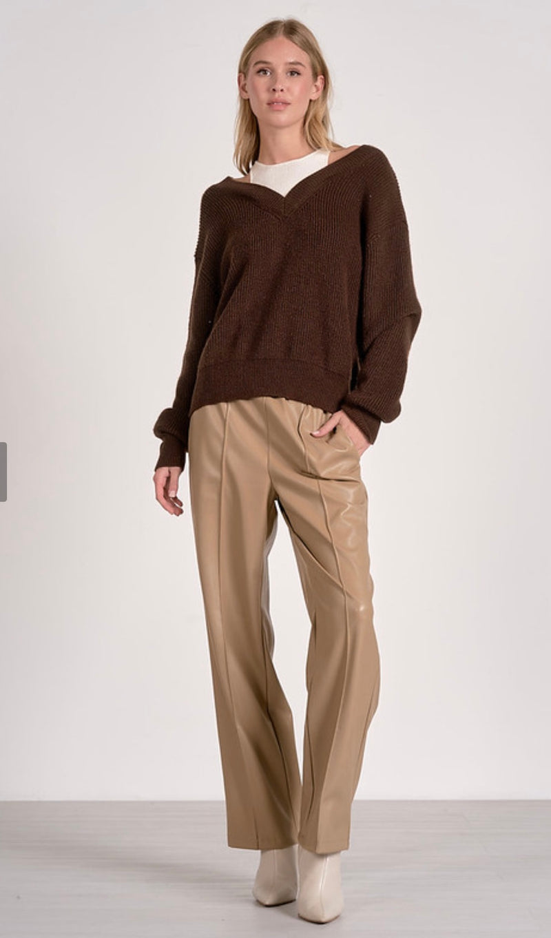 Elan Brown White VNeck Under Tank Long Sleeve Sweater