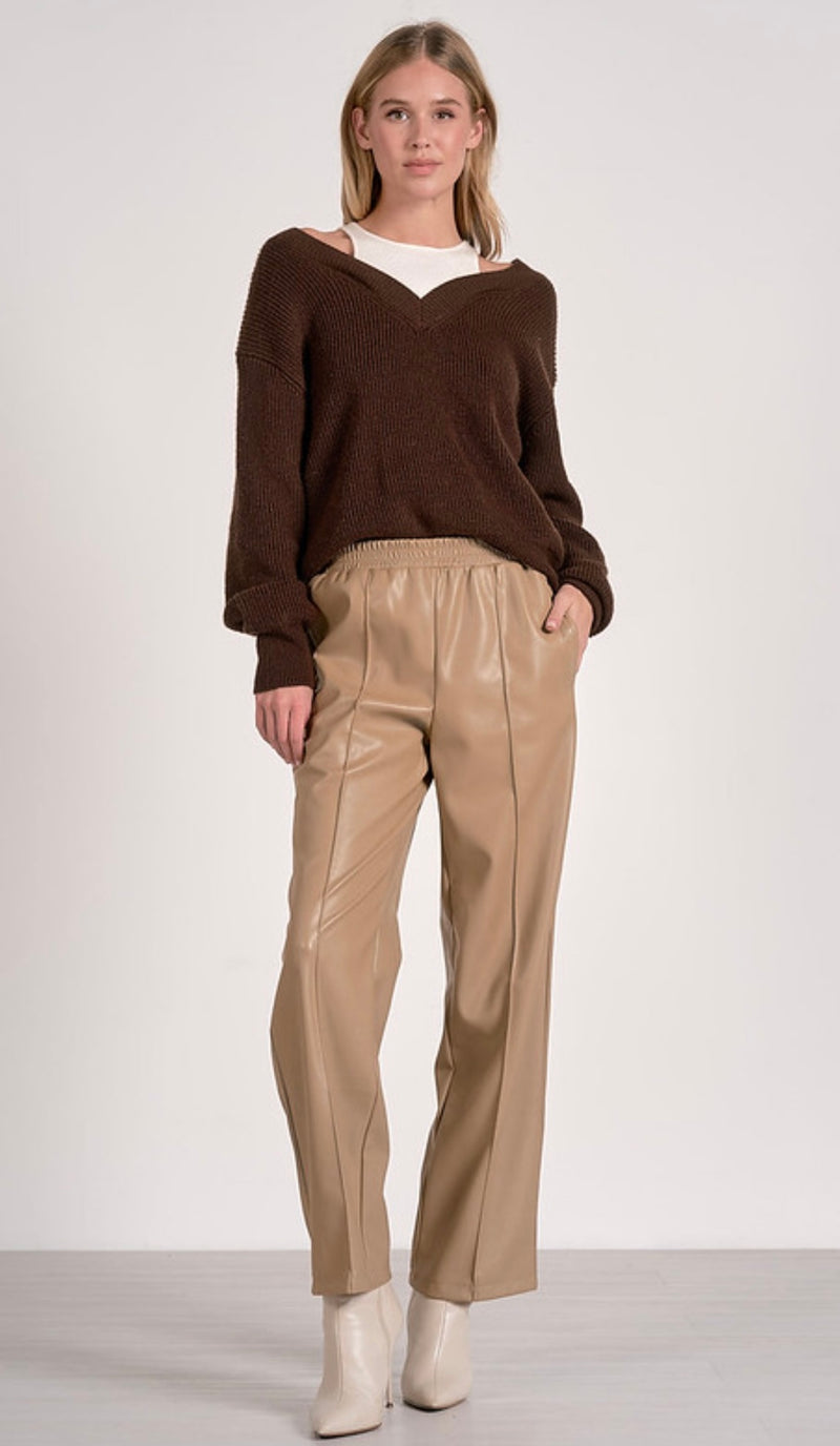 Elan Brown White VNeck Under Tank Long Sleeve Sweater