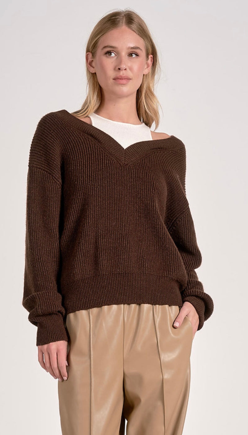 Elan Brown White VNeck Under Tank Long Sleeve Sweater