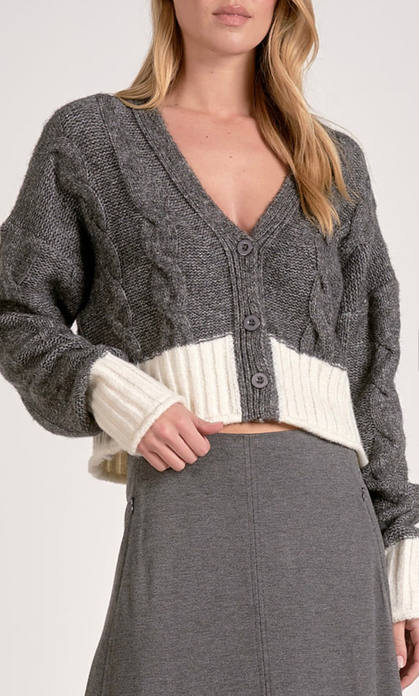 Elan Grey White Color Block VNeck Button Up Cardigan Sweater