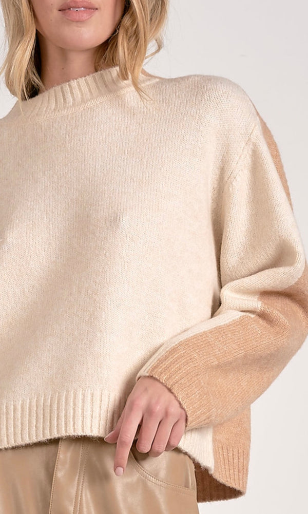 Elan Tan Natural Color Block Mock Neck Long Sleeve Sweater