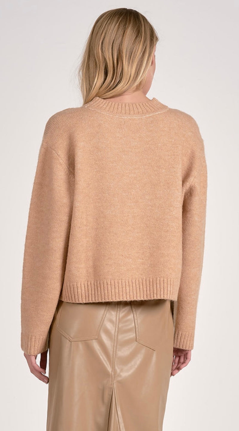 Elan Tan Natural Color Block Mock Neck Long Sleeve Sweater