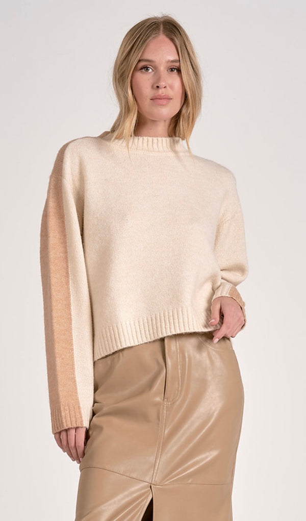 Elan Tan Natural Color Block Mock Neck Long Sleeve Sweater