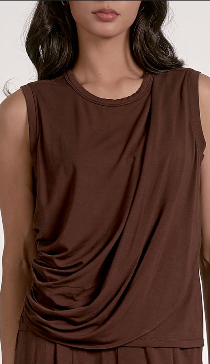 Elan Cocoa Sleeveless Draped Top