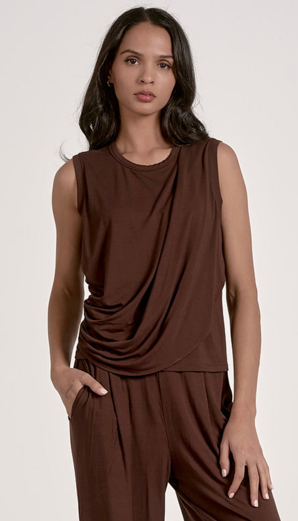 Elan Cocoa Sleeveless Draped Top