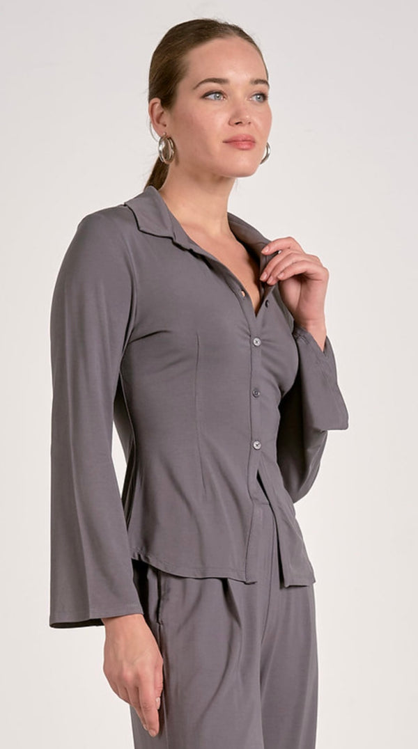 Elan Grey Long Bell Sleeve Button Up Collared Top