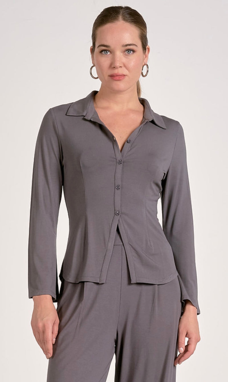 Elan Grey Long Bell Sleeve Button Up Collared Top