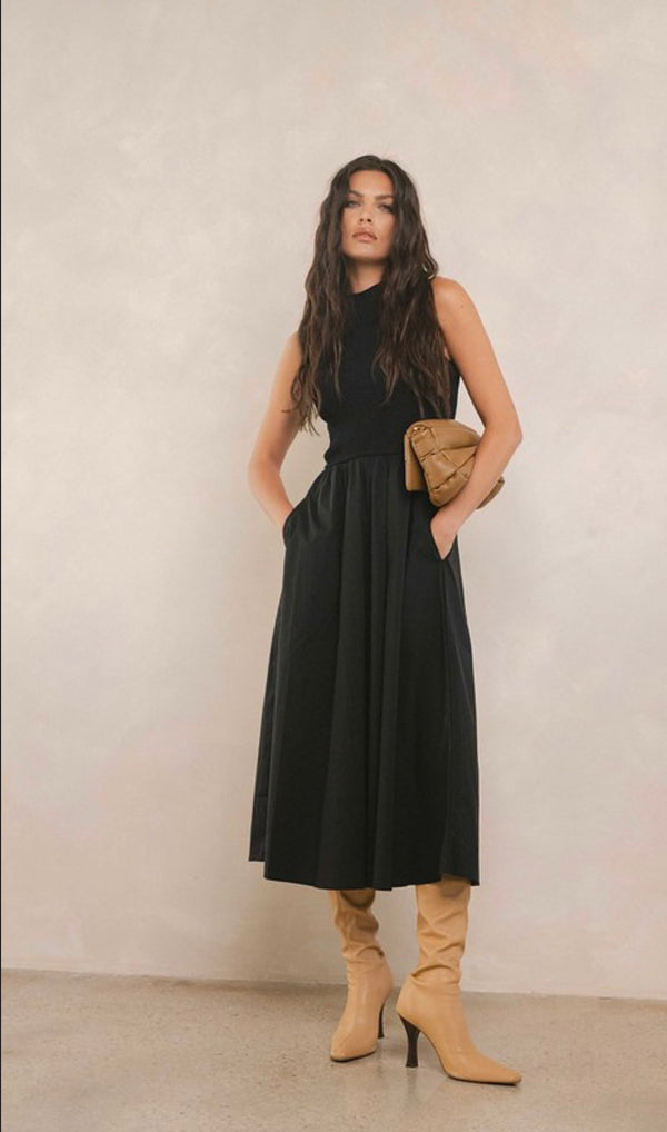 Elan Black Mock Neck Sleeveless Multi Media Midi Dress