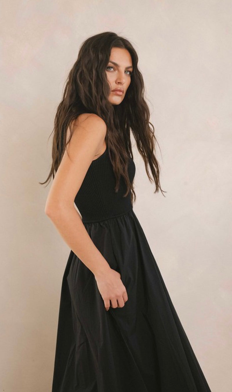 Elan Black Mock Neck Sleeveless Multi Media Midi Dress