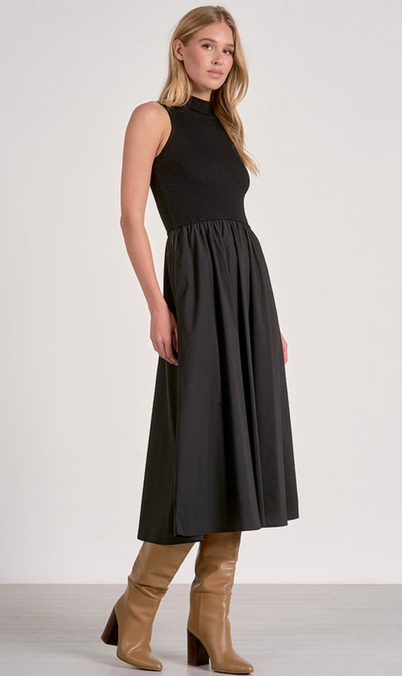 Elan Black Mock Neck Sleeveless Multi Media Midi Dress