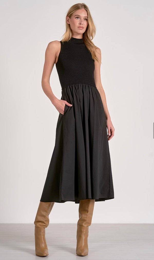 Elan Black Mock Neck Sleeveless Multi Media Midi Dress