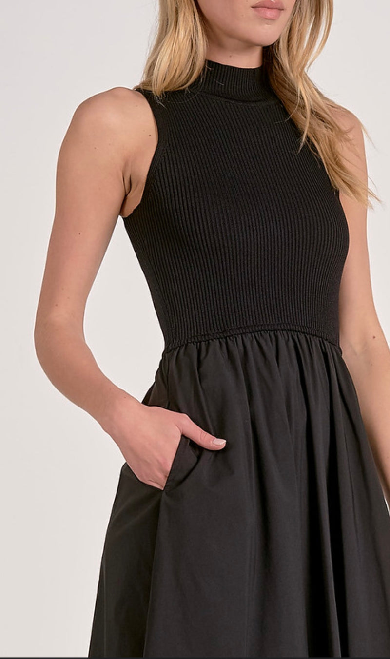 Elan Black Mock Neck Sleeveless Multi Media Midi Dress