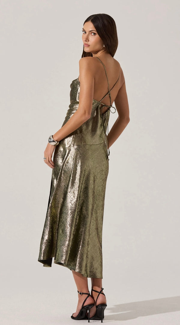 ASTR Black Gold Gaia Cowl Neck Cross Strap on Back Side Slit Midi Dress