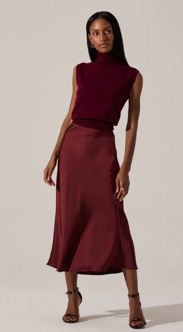 ASTR Wine Satin Elastic Waist Windey Midi Skirt