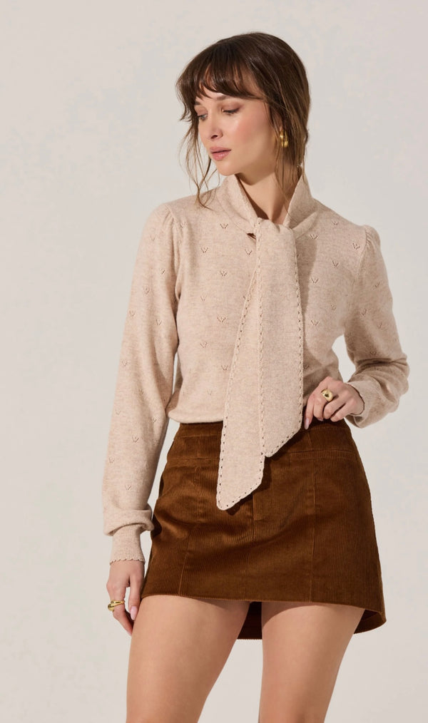 ASTR Oatmeal Scarf w/Scalloped Crochet Trim Long Sleeve Pointelle Ovalia Sweater