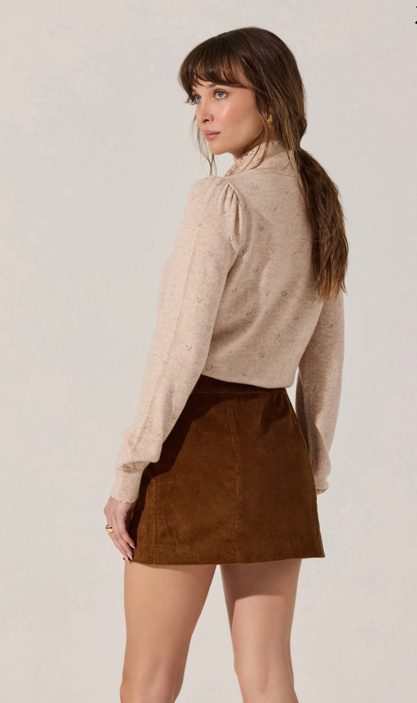 ASTR Oatmeal Scarf w/Scalloped Crochet Trim Long Sleeve Pointelle Ovalia Sweater