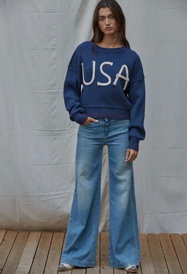 By Together Navy Knit Pullover With Embroidered USA Sweater