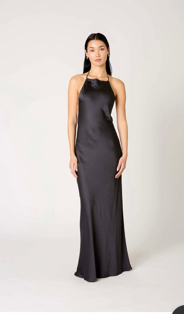 NIA Soot Soft Shine Open Back Draped Zora Maxi Dress