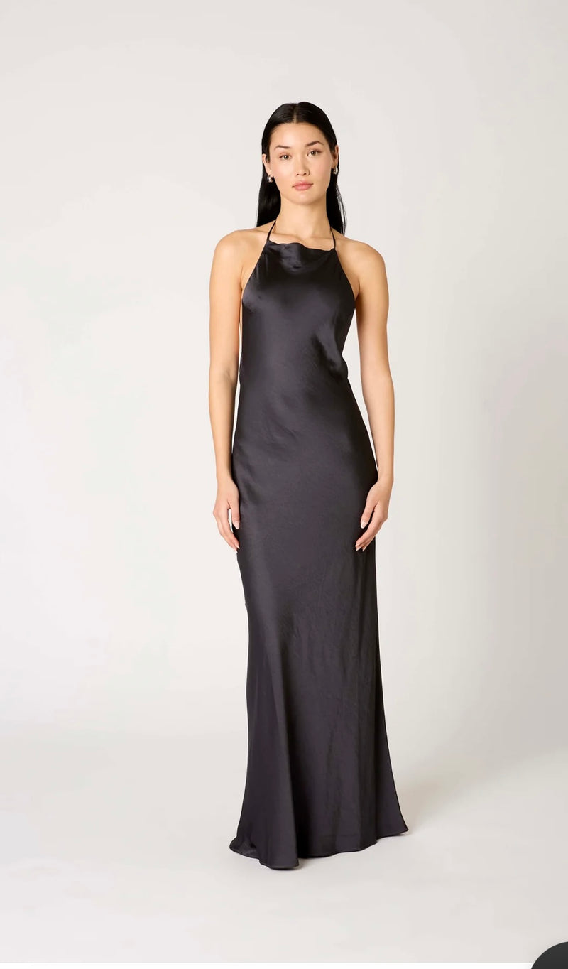 NIA Soot Soft Shine Open Back Draped Zora Maxi Dress