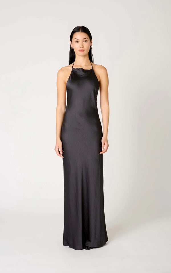 NIA Soot Soft Shine Open Back Draped Zora Maxi Dress