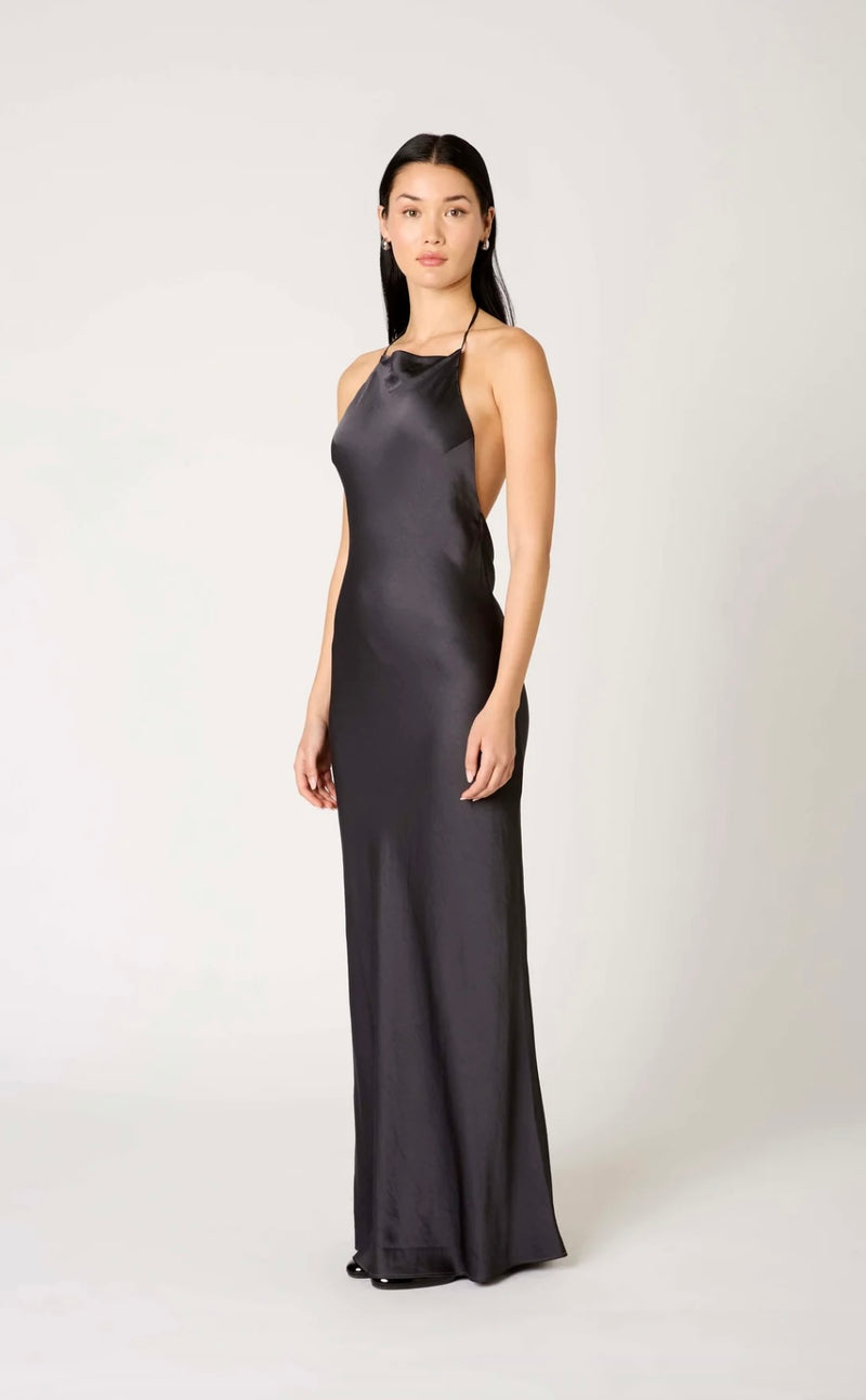 NIA Soot Soft Shine Open Back Draped Zora Maxi Dress