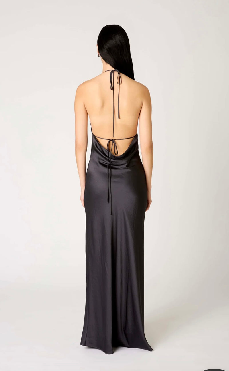 NIA Soot Soft Shine Open Back Draped Zora Maxi Dress