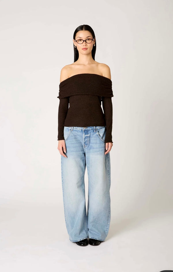 NIA Espresso Espresso Fitted Off Shoulder Fold Over Detail Ribbed Knit Zinnia Sweater