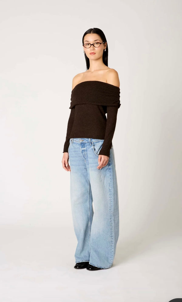 NIA Espresso Espresso Fitted Off Shoulder Fold Over Detail Ribbed Knit Zinnia Sweater