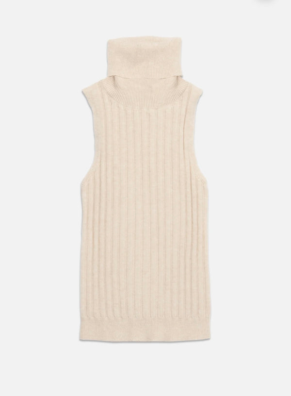 DeLuc Ecru Melange Ben Ribbed Sleeveless Turtleneck Knit Top