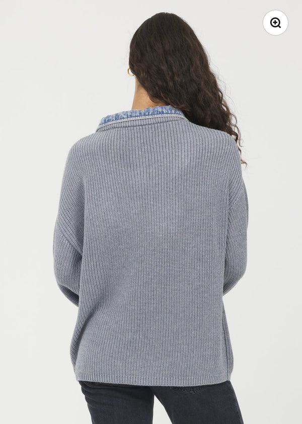 Vintage Havana Heather Grey Denim Textured Crew Neck w/Denim collar and Cuffs Sweater