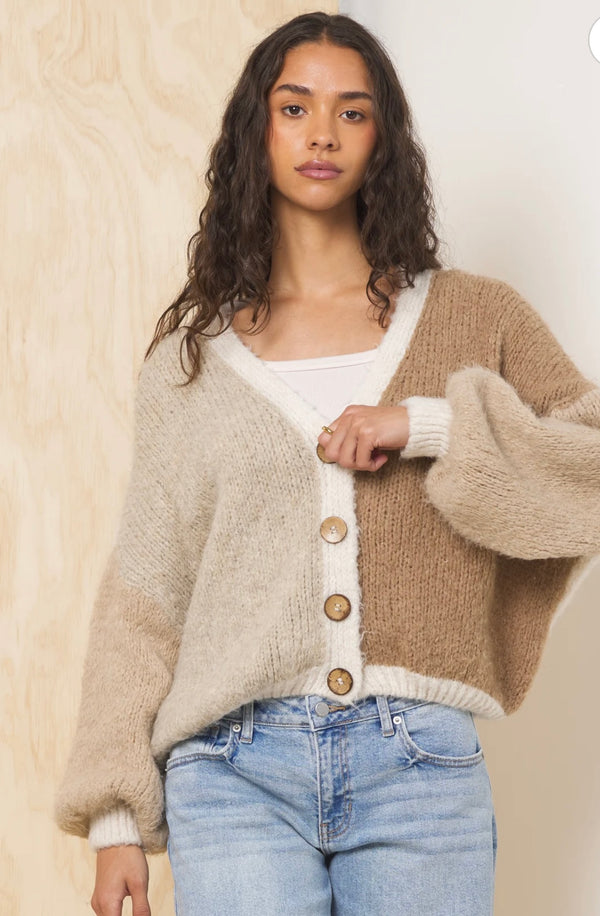 Vintage Havana Neutrals Balloon Sleeve Button Front Cardigan Sweater