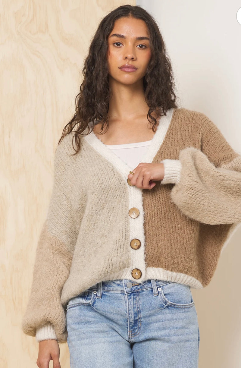 Vintage Havana Neutrals Balloon Sleeve Button Front Cardigan Sweater