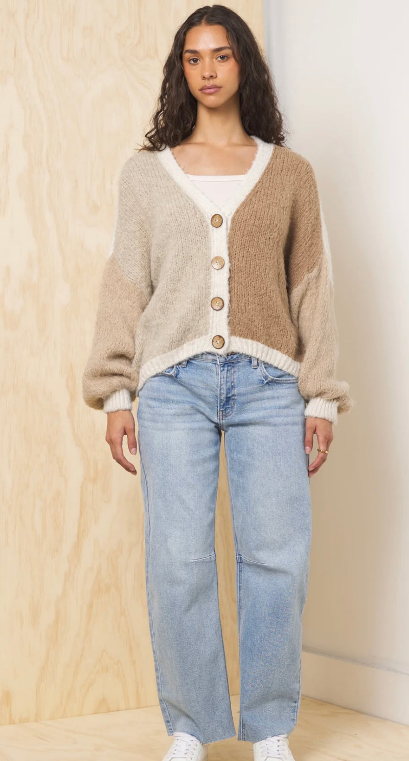 Vintage Havana Neutrals Balloon Sleeve Button Front Cardigan Sweater