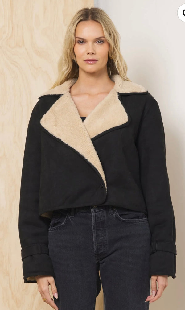 Vintage Havana Black Tan Faux Suede Faux Sherpa Trench Jacket