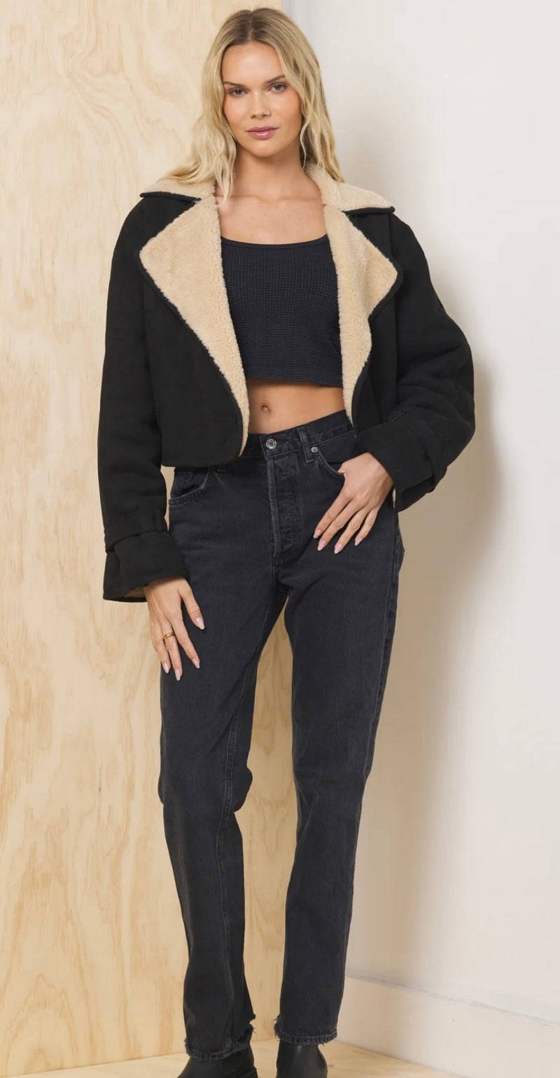 Vintage Havana Black Tan Faux Suede Faux Sherpa Trench Jacket