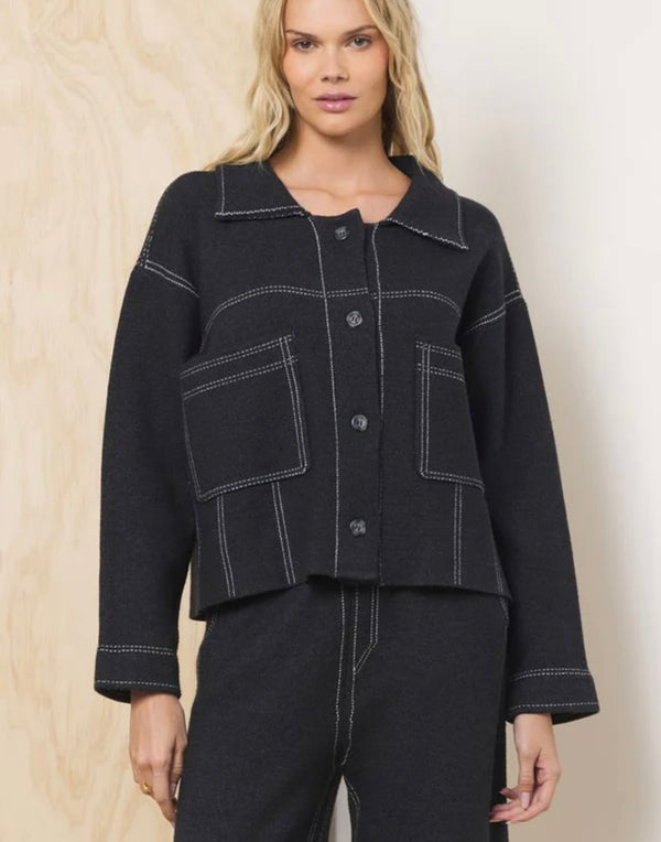 Vintage Havana Black w/Ivory Stitching Trucker Sweater Jacket