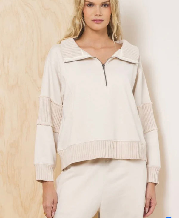 Vintage Havana Bone Quarter Zip Rib Detail Long Sleeve Fleece Top