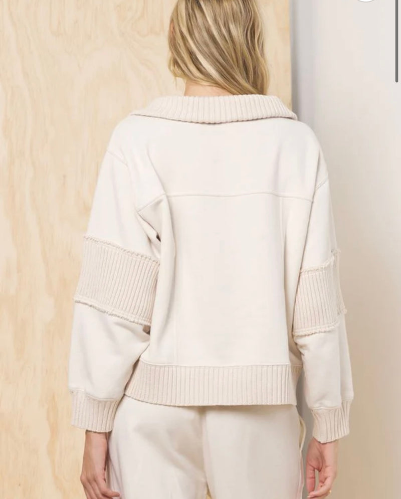 Vintage Havana Bone Quarter Zip Rib Detail Long Sleeve Fleece Top