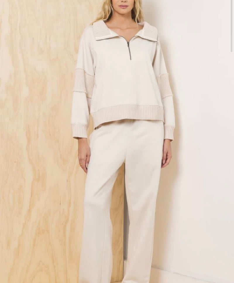 Vintage Havana Bone Quarter Zip Rib Detail Long Sleeve Fleece Top