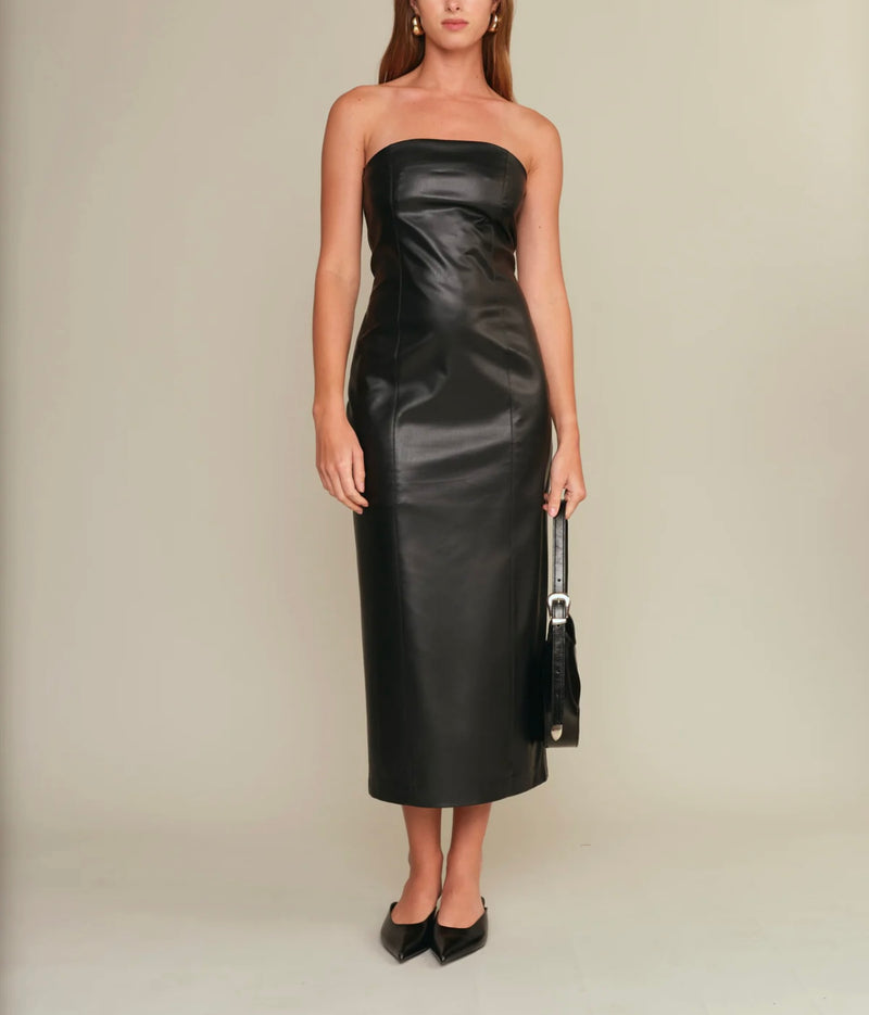 DeLuc Black Emmet Strapless Faux Leather Back Slit Lined Back Zip Midi Dress