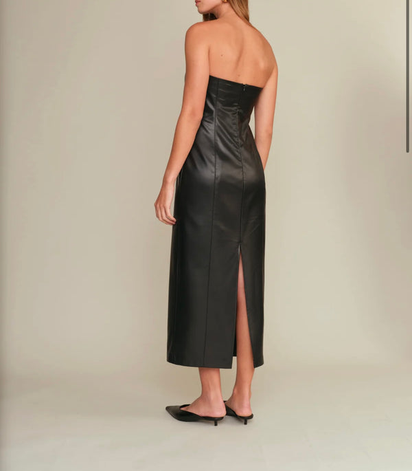 DeLuc Black Emmet Strapless Faux Leather Back Slit Lined Back Zip Midi Dress