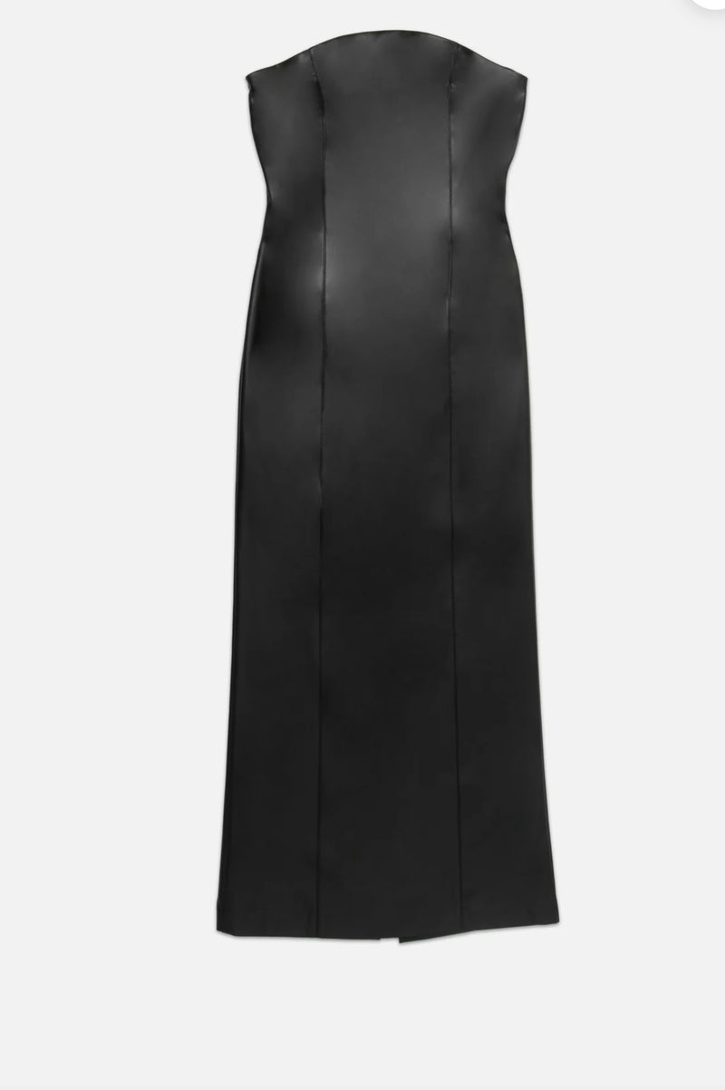 DeLuc Black Emmet Strapless Faux Leather Back Slit Lined Back Zip Midi Dress
