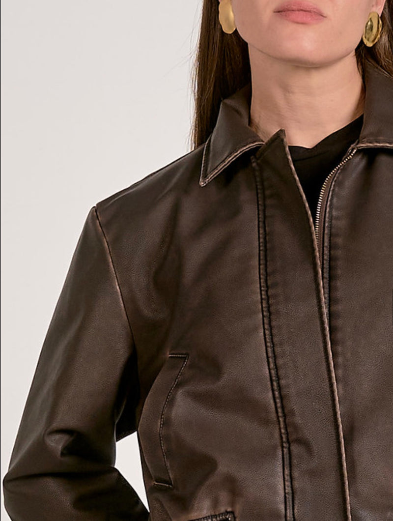 Elan Brown Faux Leather Bomber Jacket