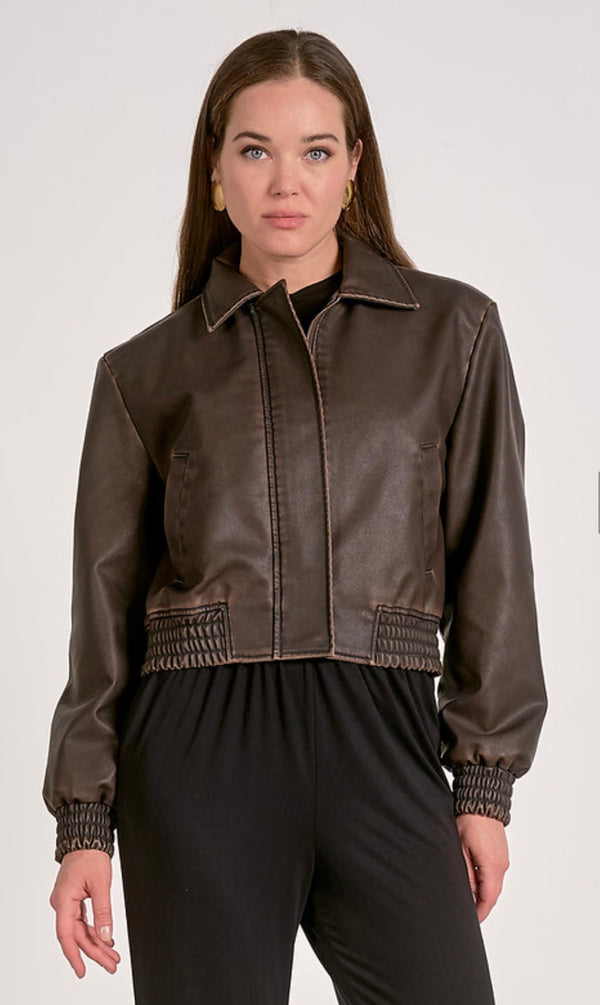 Elan Brown Faux Leather Bomber Jacket