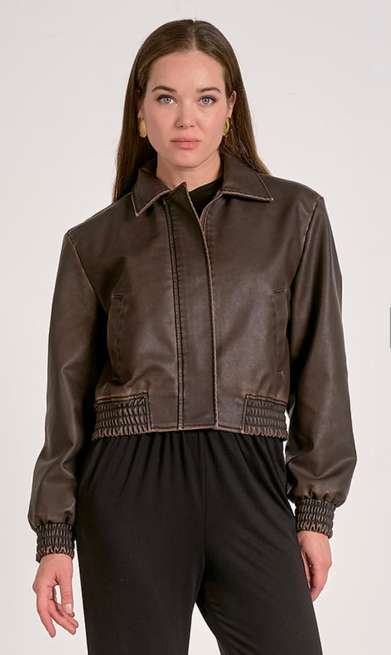Elan Brown Faux Leather Bomber Jacket