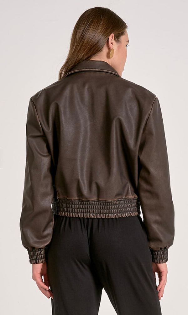 Elan Brown Faux Leather Bomber Jacket