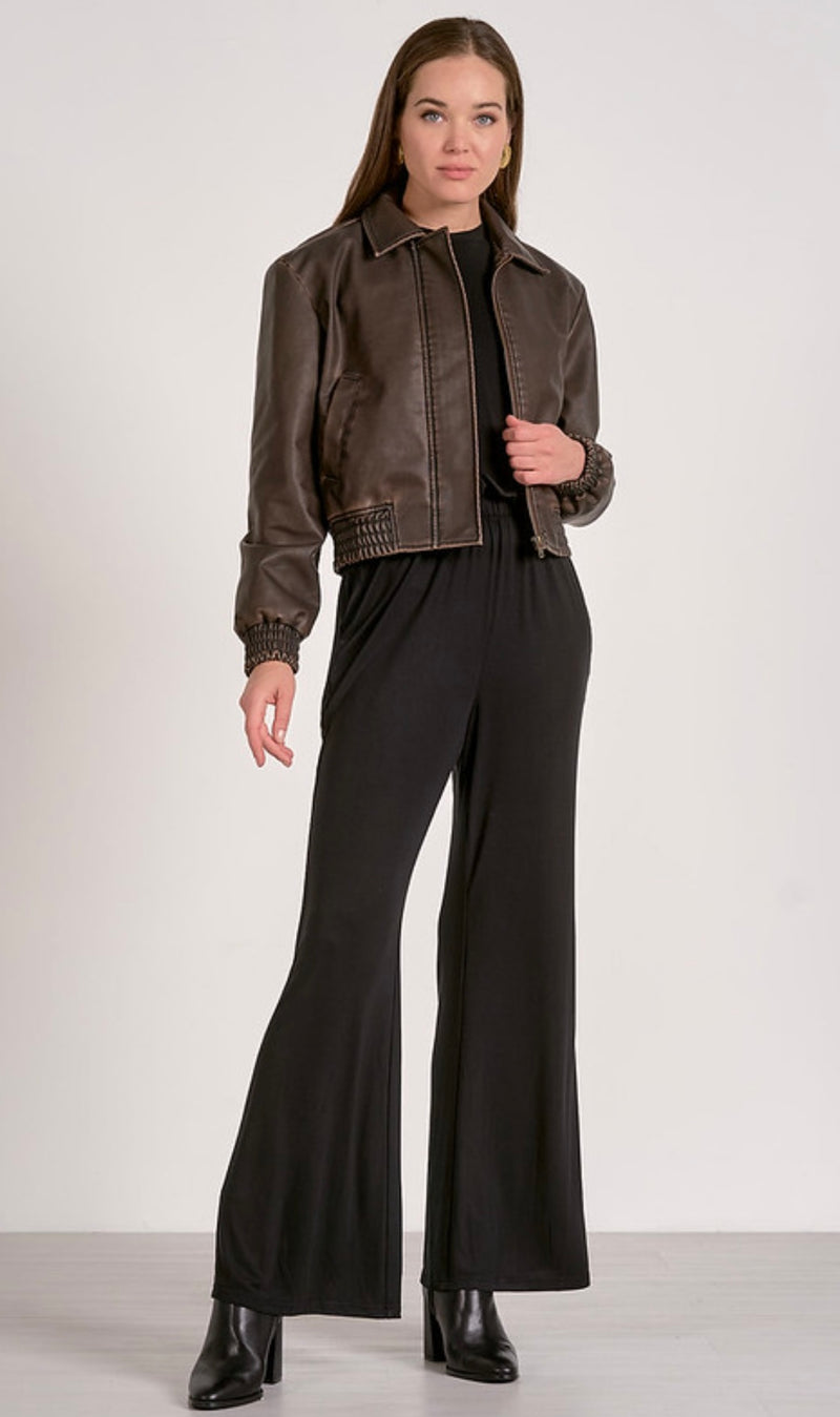 Elan Brown Faux Leather Bomber Jacket