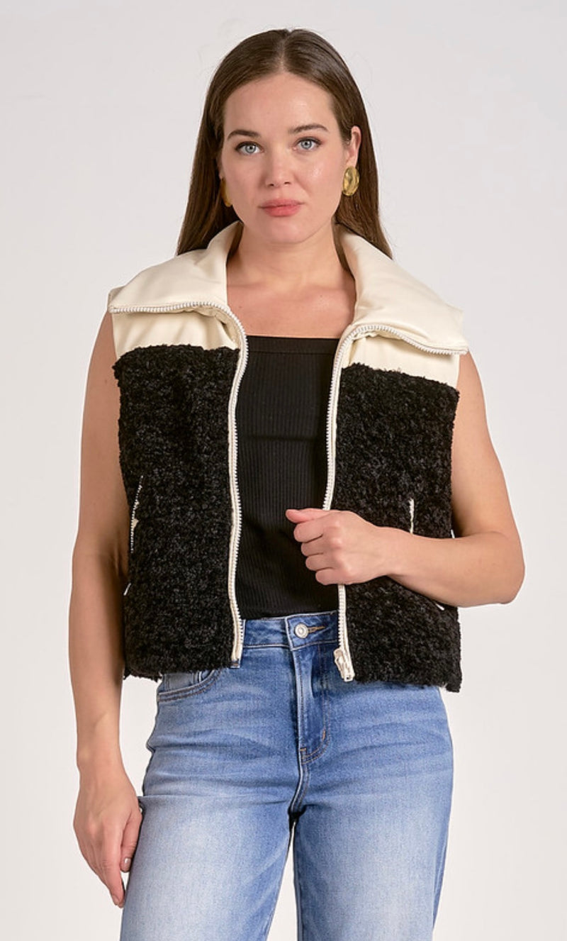 Elan White/Black Reversible Fuzzy Faux Leather Vest